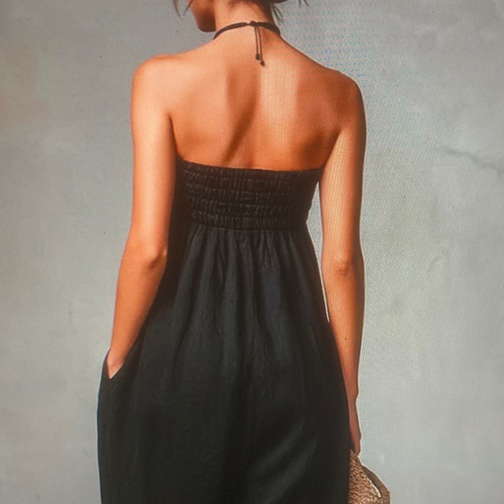 Strapless Black Linen Jumpsuit - Women - Picture 4 of 5